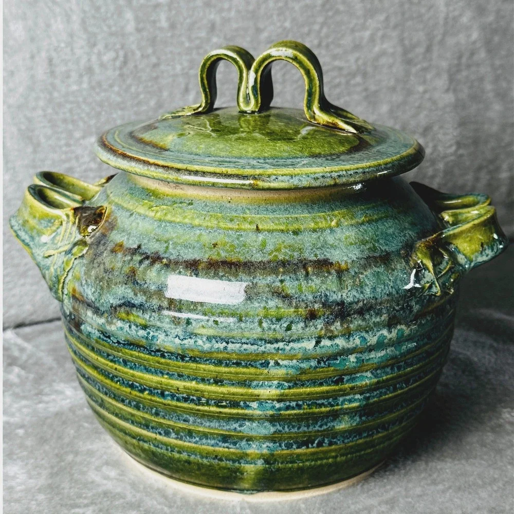 Studio Pottery Lidded Canister Green Brown Glaze Rustic Stoneware Crock Tureen